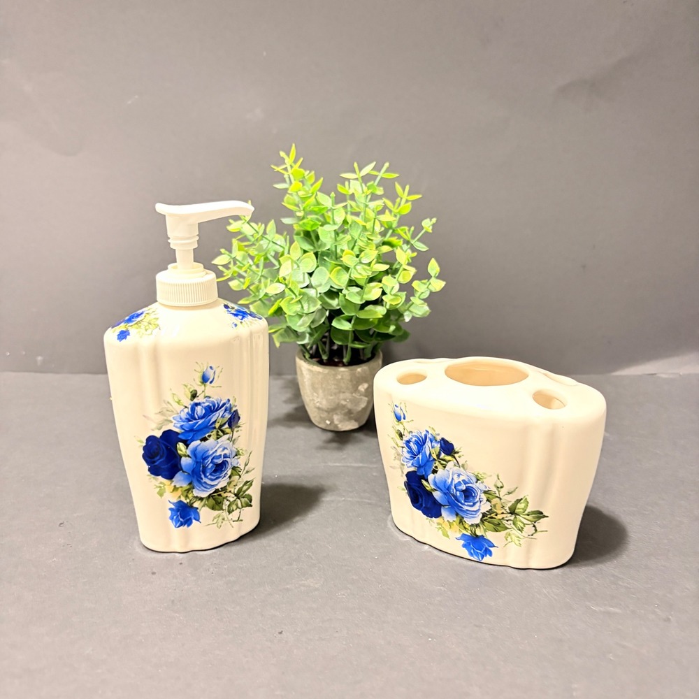 Crown Heritage Blue Rose Ceramic Soap Dispenser & Toothbrush Holder Set England